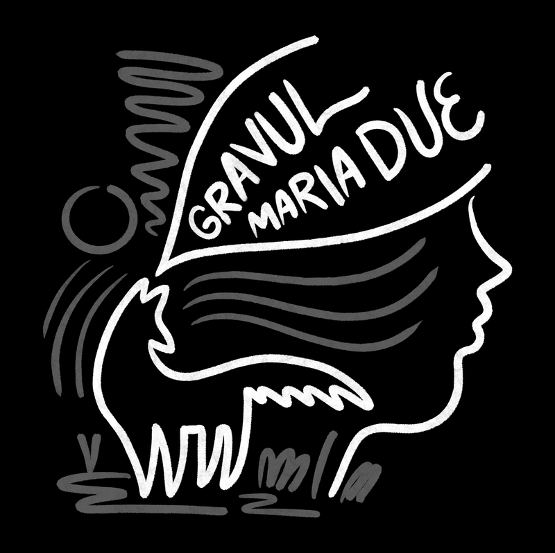 Line drawing of wolf howling the words 'Gravul Maria Due'