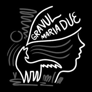 Tegning av en ulv som uler ordene 'Gravul Maria Due'